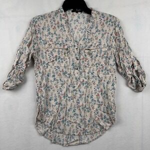 RolyPoly Floral Print Blouse Women's Medium 3/4 Sleeve‎ Zipper Pocket Top